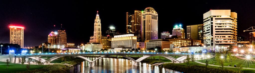 Columbus Ohio night skyline from the the Main Street Bridge